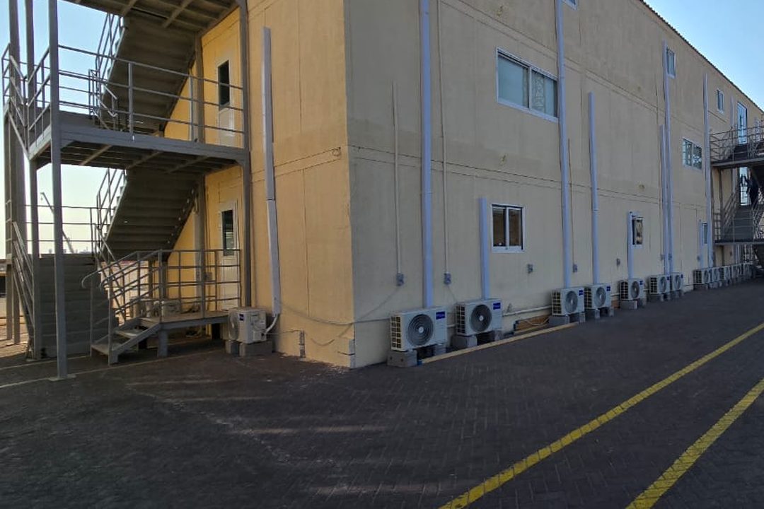 Long elevation with external escape stairs
